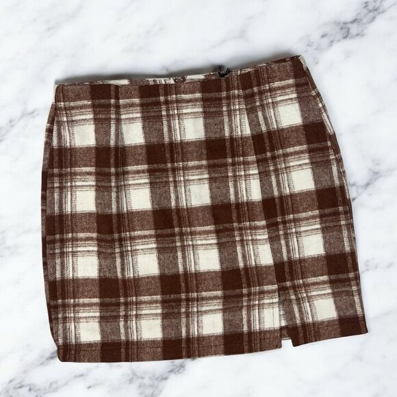 Potter's Pot Mini Skirt Size Large Juniors Rusty Plaid Fleece Back Zip Hem Slit - Picture 2 of 7